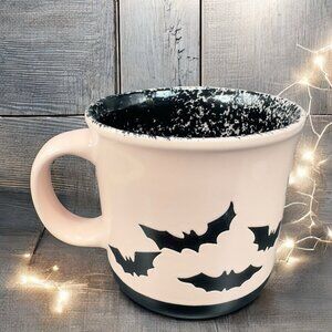 Toil And Trouble Halloween Coffee Cup Mug Pastel Pink With Black Bats Ceramic